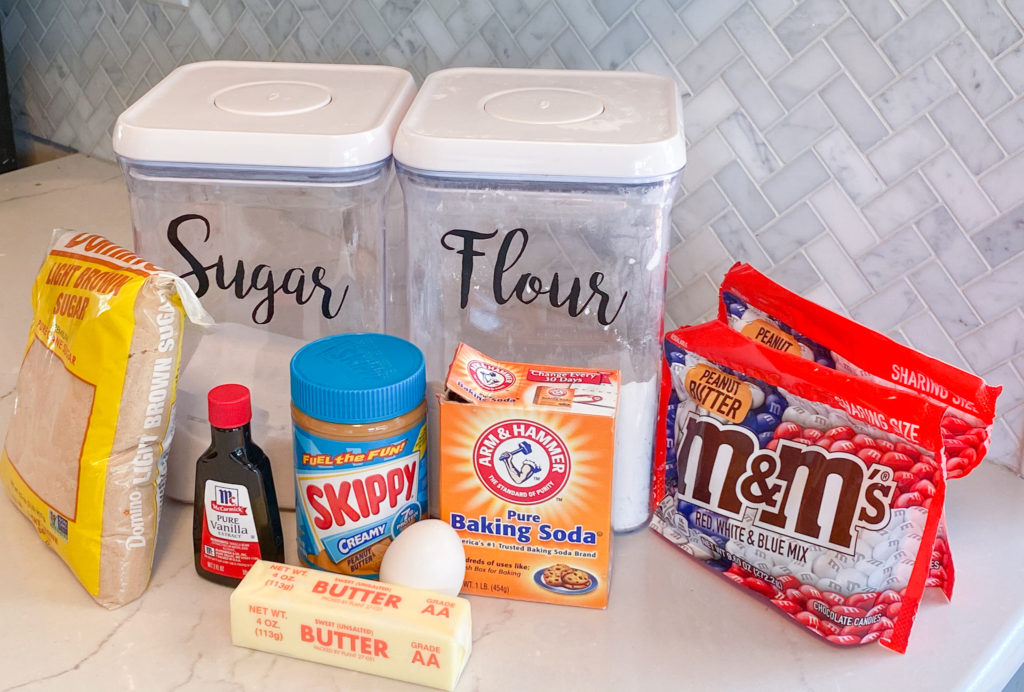 Ingredients for Red, White, and Blue Peanut Butter M&M Cookies