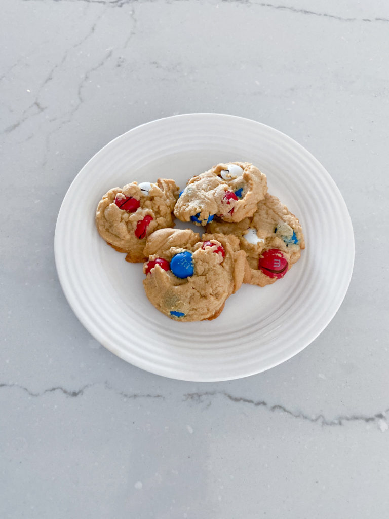 Red, white and blue peanut butter cookies with peanut butter M&M's
