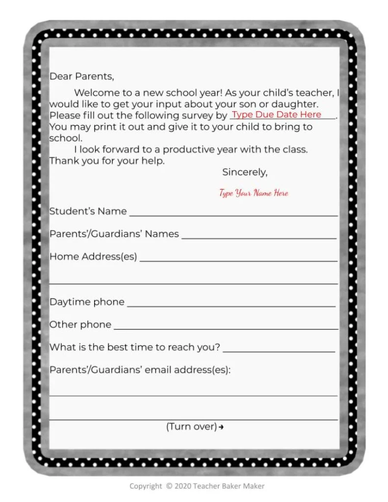 Parent Survey Page 1