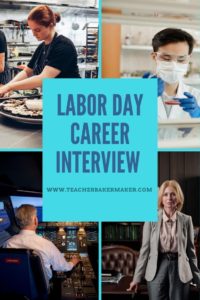 Pinterest Pin of Chef, Lab Technician, Pilot and Lawyer with text overlay of Labor Day Career Interview