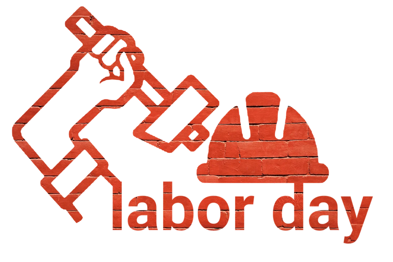 Labor Day Clip Art of arm holding hammer next to hard hat and labor day text overlay