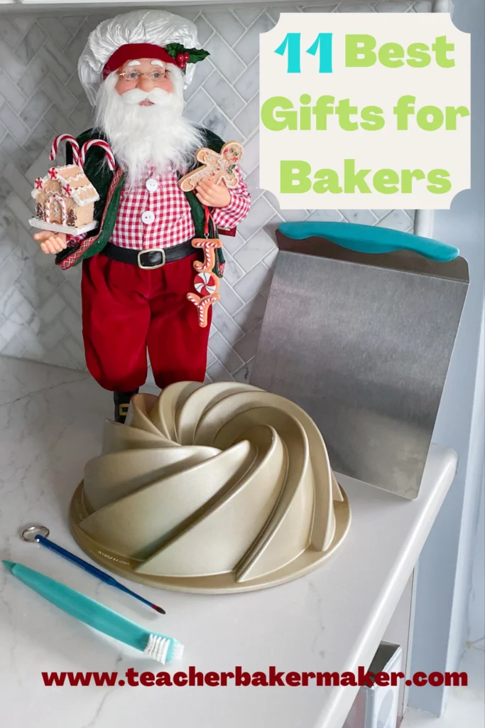 Pin image of heritage Bundt pan, cake lifter, baking thermometer, Bundt pan cleaner and baker Santa with text overlay of 11 best gifts for bakers