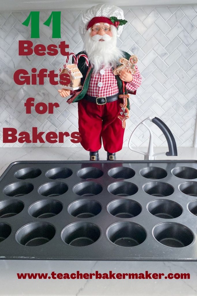 Pin Image of baker Santa with mega cupcake pan, flex edge beater and text overlay of 11 best gifts for bakers