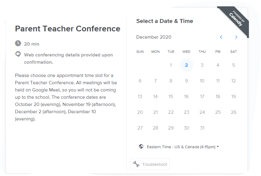 Invitee View on Calendly showing available date in blue