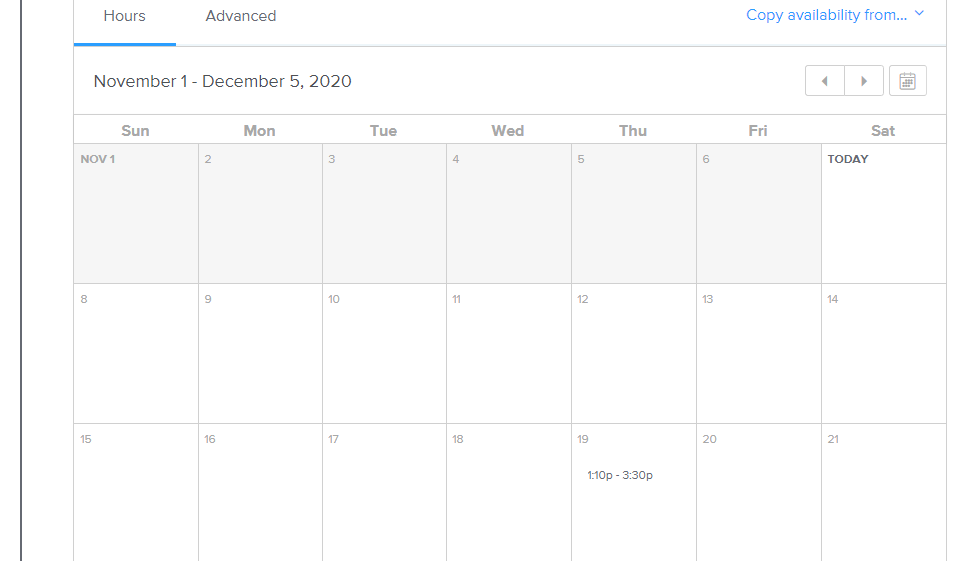 Screenshot of November calendar with one date with time slots on Calendly