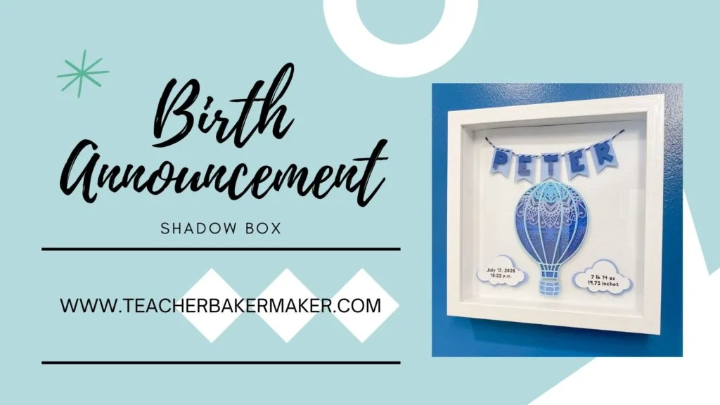 Title card for video of Birth Announcement Shadow Box Mandala with photo of finished project mounted in frame. 