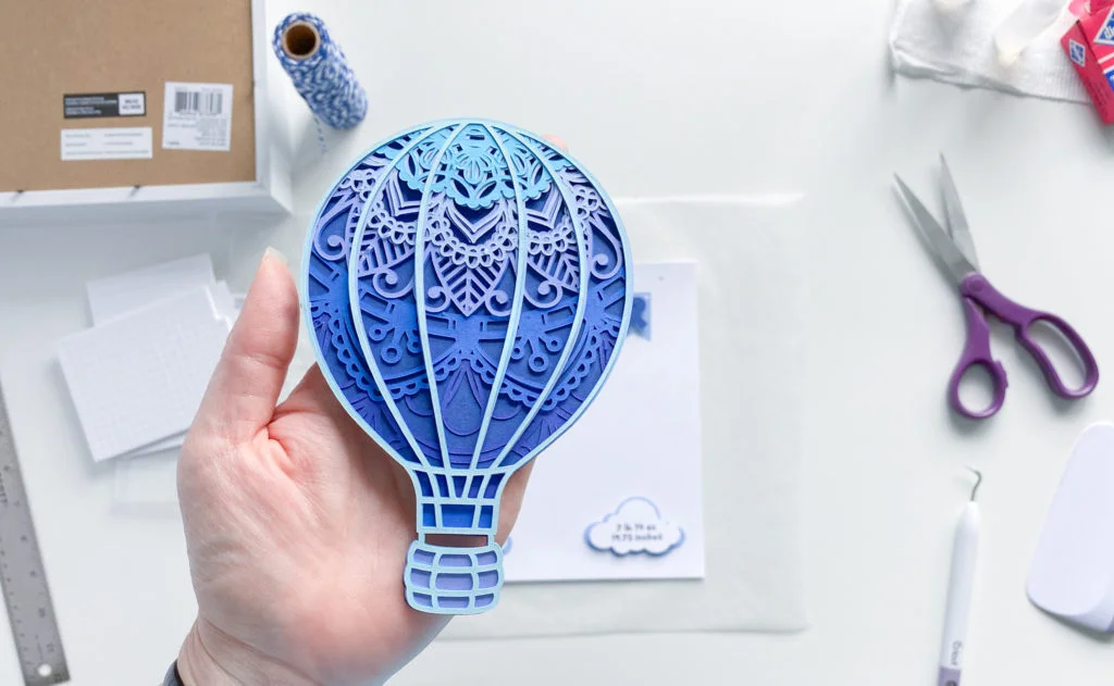 7 layer hot air balloon mandala made of shades of blue cardstock