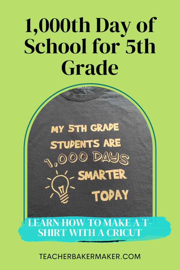 Pin image of 10th Day of School for 5th Grade black t shirt with gold lettering saying "My 5th Grade Students are 1,000 Days smarter today" with light bulb - lime green background