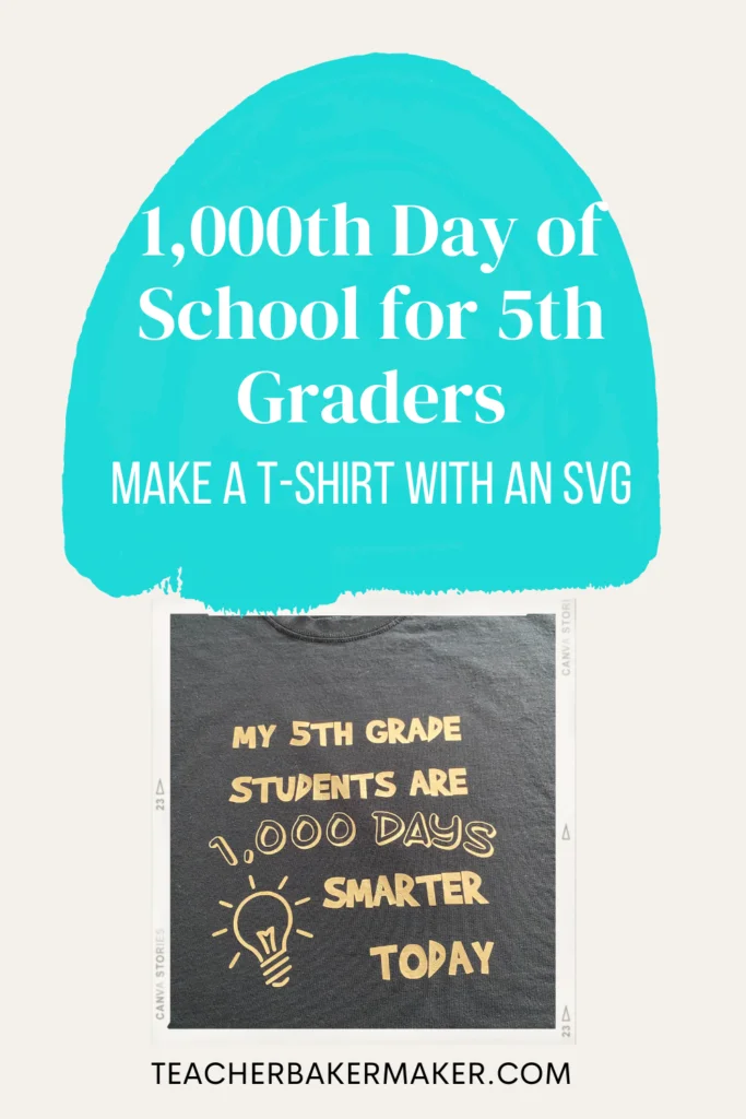 Pin image of 1,000th Day of School for 5th Graders Turquoise backdrop, black shirt that reads "My 5th Graders are 1,000 Days Smarter Today"