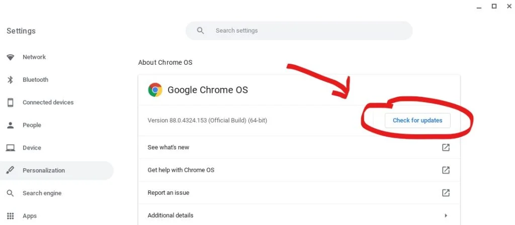 Chromebook Settings Window with Check for Updates button circled in red
