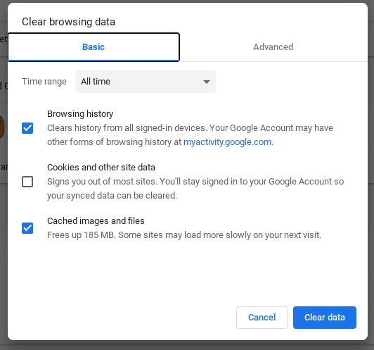 Chrome Clear browsing data pop up window showing checks next to Browsing history and Cached images and files
