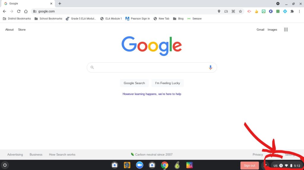 Chromebook screen showing Google homepage and taskbar at the bottom with battery icon circled in red