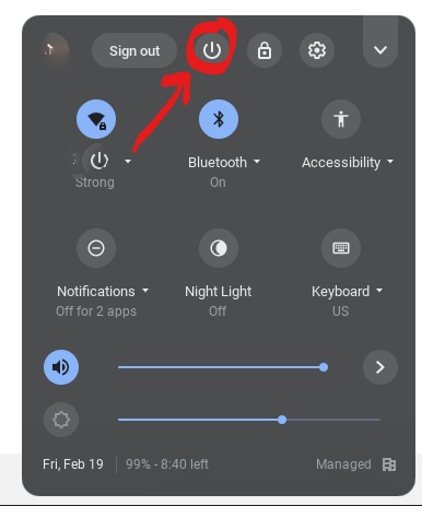 Chromebook taskbar pop up showing power button to turn off device, circled in red