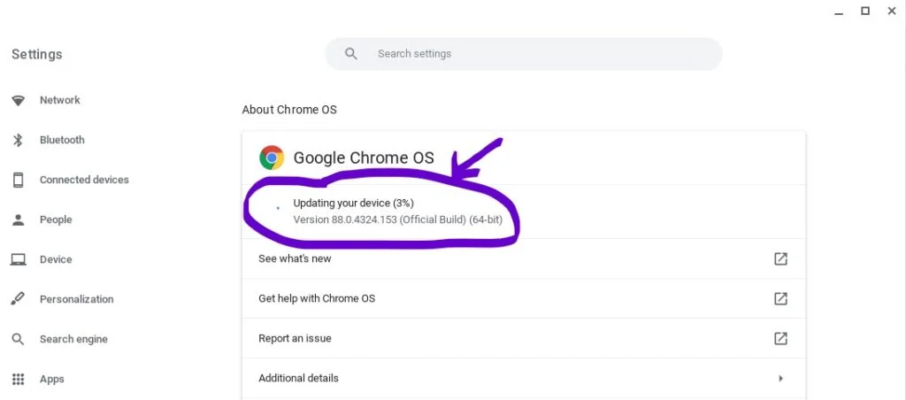 Chromebook Settings Window showing 3% progress with Chrome OS update, circled in purple