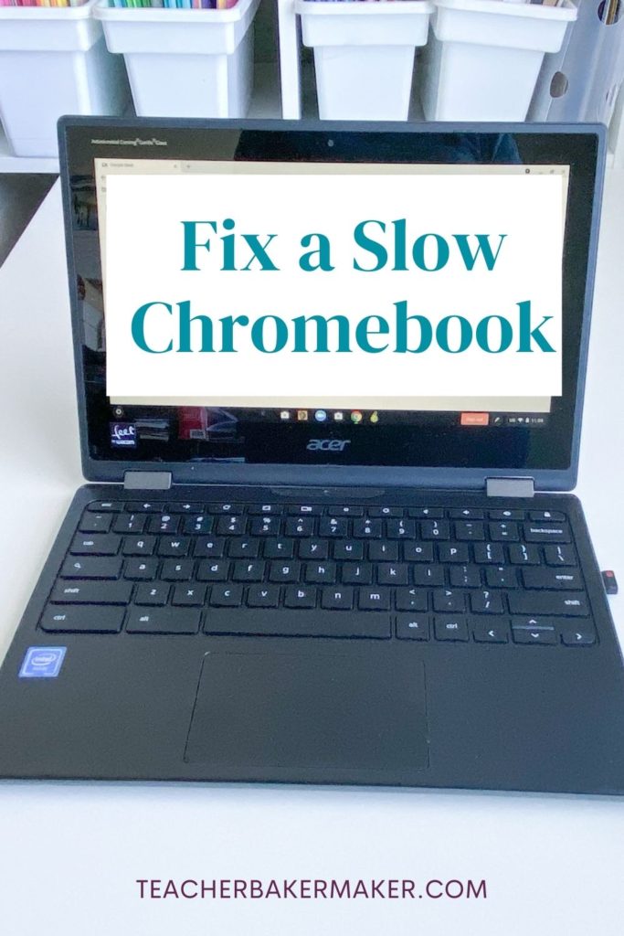 Chromebook with screen displaying "Fix a Slow Chromebook" pin image