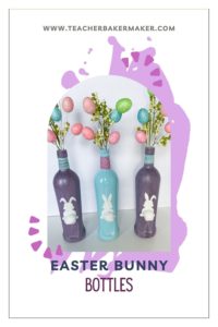 Pinterest Pin Image of 3 Easter bunny bottles on white table - 2 glitter purple bottes 1 gloss blue bottle with bunny decals and Easter egg sprays