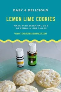 Pin Image of Lemon Lime Cookies on blue green glass plate with lemon & lime essential oil bottles
