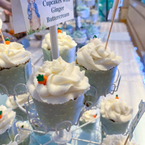 Cupcake Stand displaying Carrot Ginger Cupcakes with Ginger Buttercream and royal icing carrots