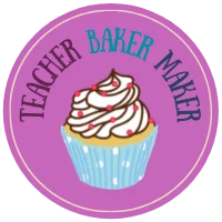 Fuschia circle logo with Teacher Baker Maker and cupcake in blue liner with white dots and white icing with red sprinkles