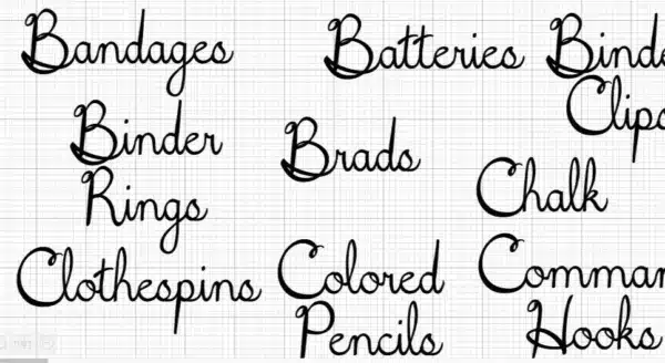 Screenshot from Cricut Design space showing labels for bandages, batteries, binder clips, binder rings, brads, chalk, clothespins, colored pencils and Command hooks