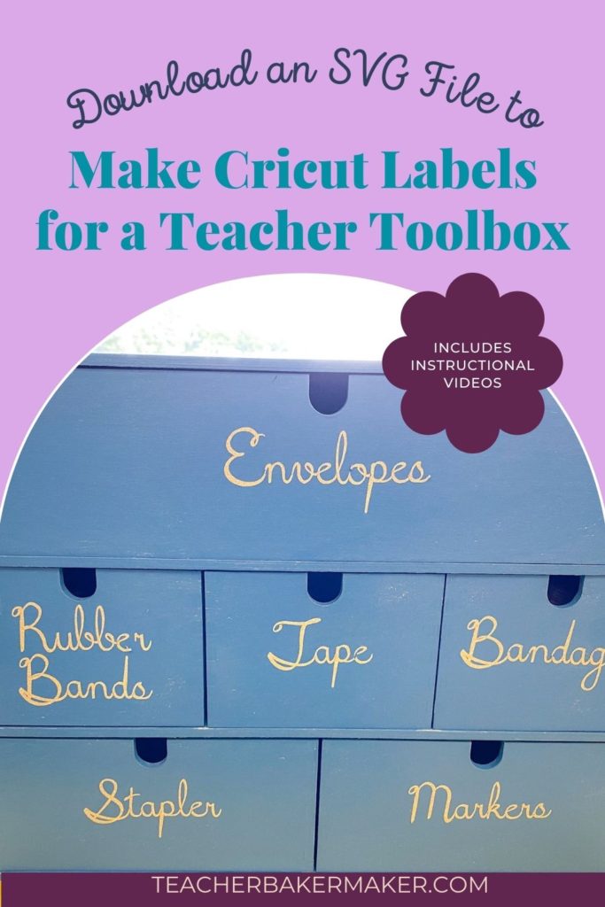Pin of blue Ikea Moppe Teacher Toolbox with gold labels