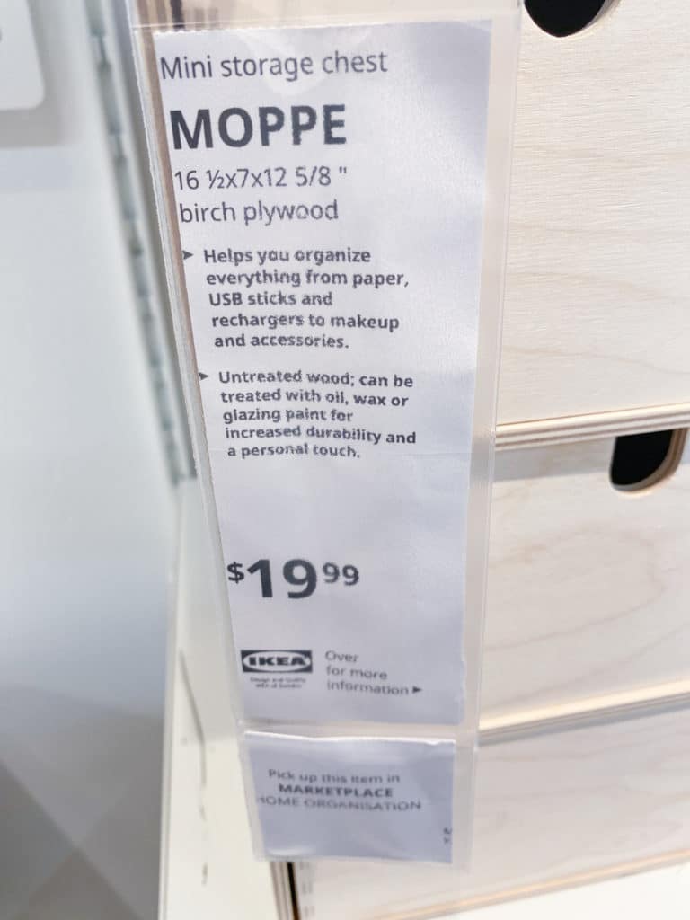 Ikea Moppe front tag with description and price of $19.99