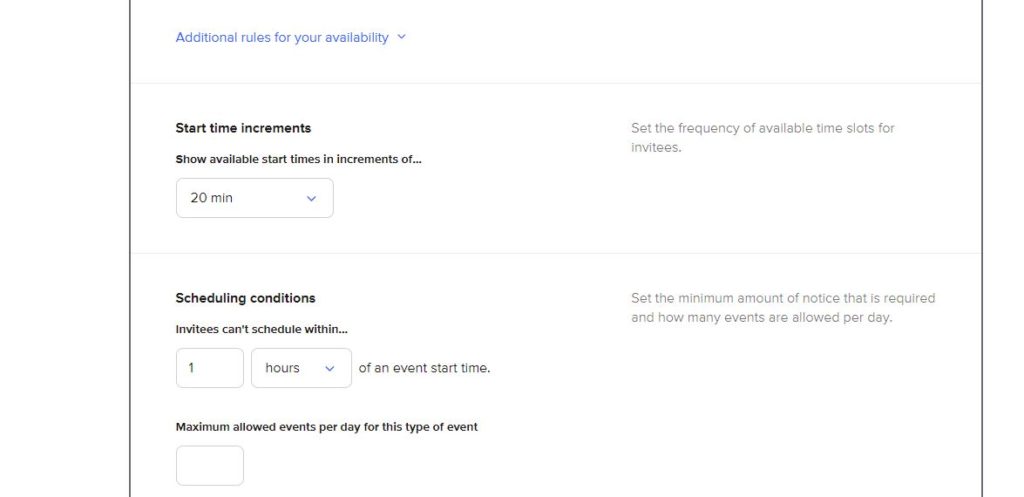 Screenshot of start time increments when using Calendly to schedule parent teacher conferences 