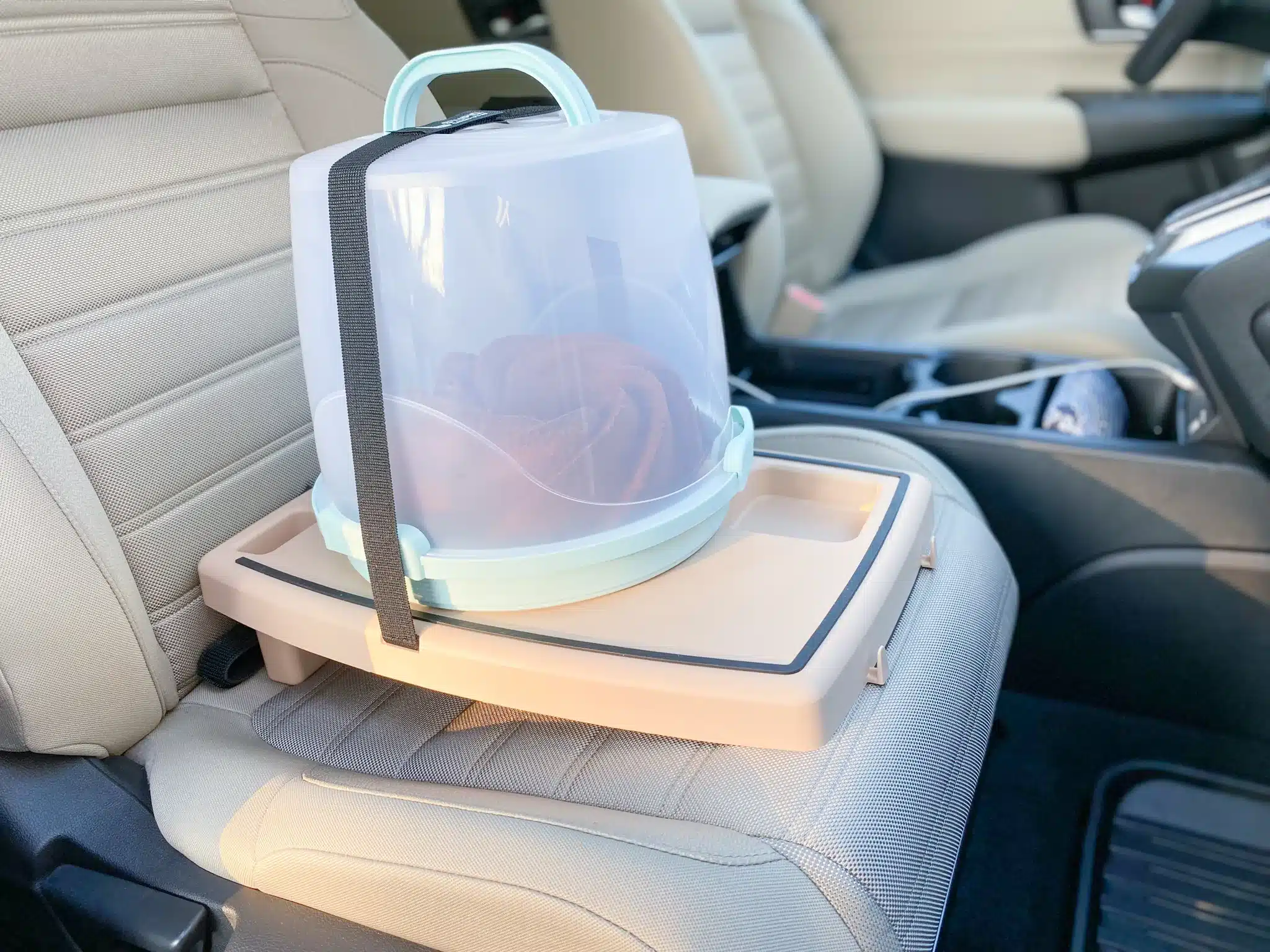 The Stupid Car Tray with tall cake carrier with Bundt cake