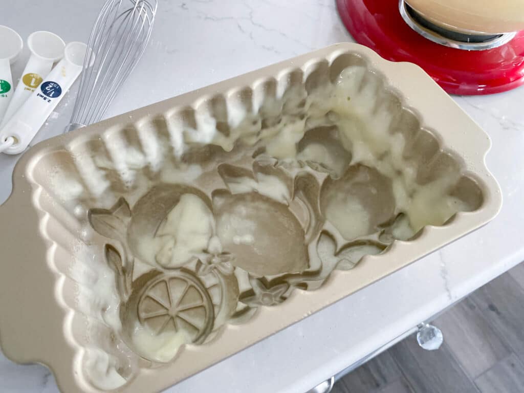 NordicWare Citrus loaf pan sprayed with baking spray