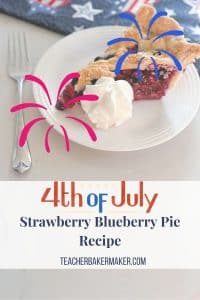 Slice of pie  with whipped cream on white plate, silver fork, blue napkin with red, white and blue stars. Text ovrlay of 4th of July Strawberry Blueberry Pie Recipe teacherbakermaker.com
