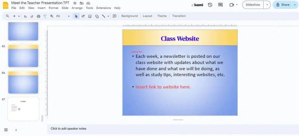 Google Slides screenshot of blue slide with yellow top banner with title of 'Class Website" and sample text describing class newsletter, and prompt to insert link to website of newsletter.