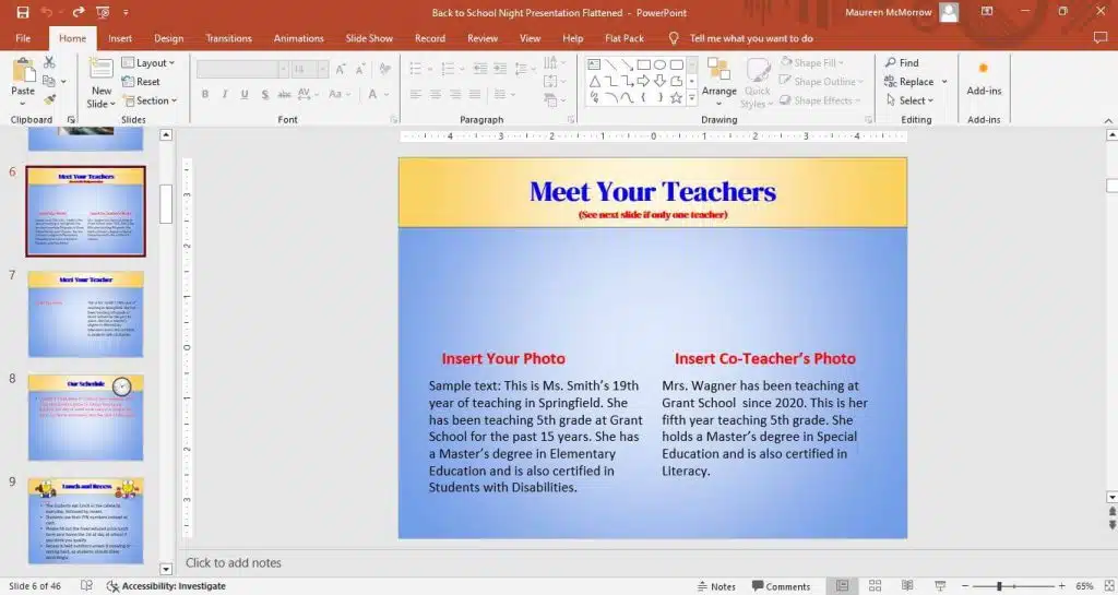 Screenshot from PowerPoint of Back to School Night Presentation showing "Meet Your Teachers" slide with sample text of "Insert Your Photo", "Insert Co-Teacher's Photo" and biographical blurbs about 2 teachers.