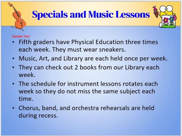 Blue slide with yellow header titled Specials and Music Lessons with sample text about frequency of each special class and how music lessons are scheduled. Clip art of violin and Art emoji