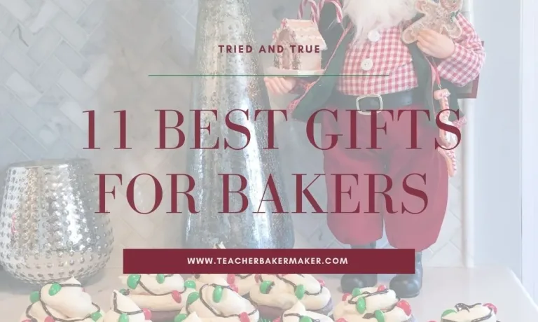 11 Best Gifts for Bakers text overlay with baker Santa behind tray of chocolate cupcakes with white frosting and Christmas lights M&M decorations