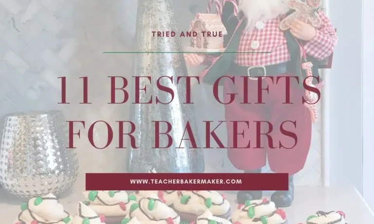 11 Best Gifts for Bakers text overlay with baker Santa behind tray of chocolate cupcakes with white frosting and Christmas lights M&M decorations