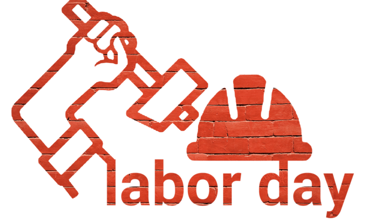 Labor Day Clip Art of arm holding hammer next to hard hat and labor day text overlay