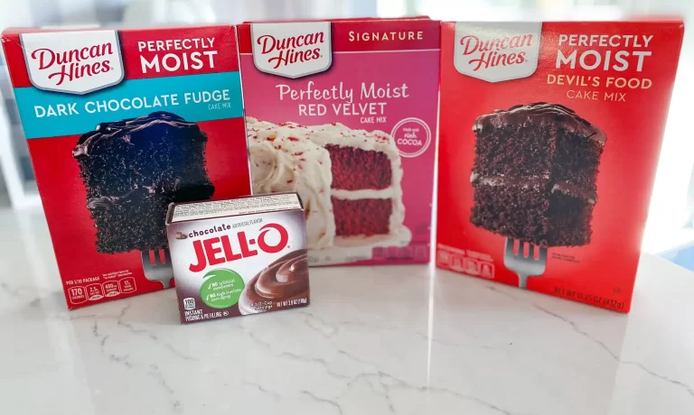 Duncan Hines dark chocolate fudge, red velvet, and devil's food cake mixes with jello instant chocolate pudding